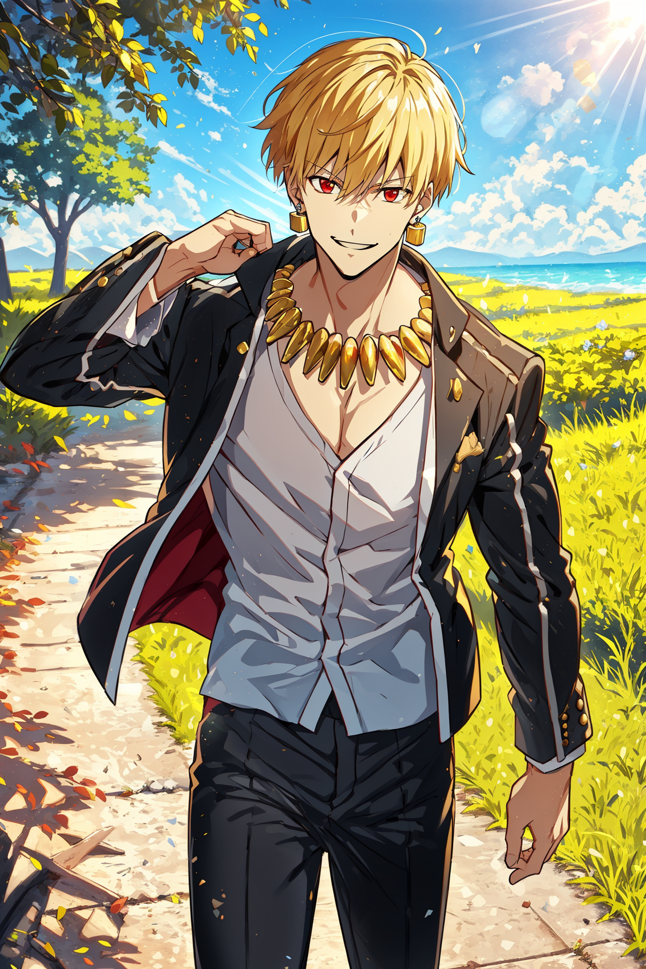 00076-1165921711-(masterpiece, best quality_1.2), cowboy shot, 1boy, toned male, gilgamesh _(fate_), blonde hair, short hair, red eyes, smile, lo.png